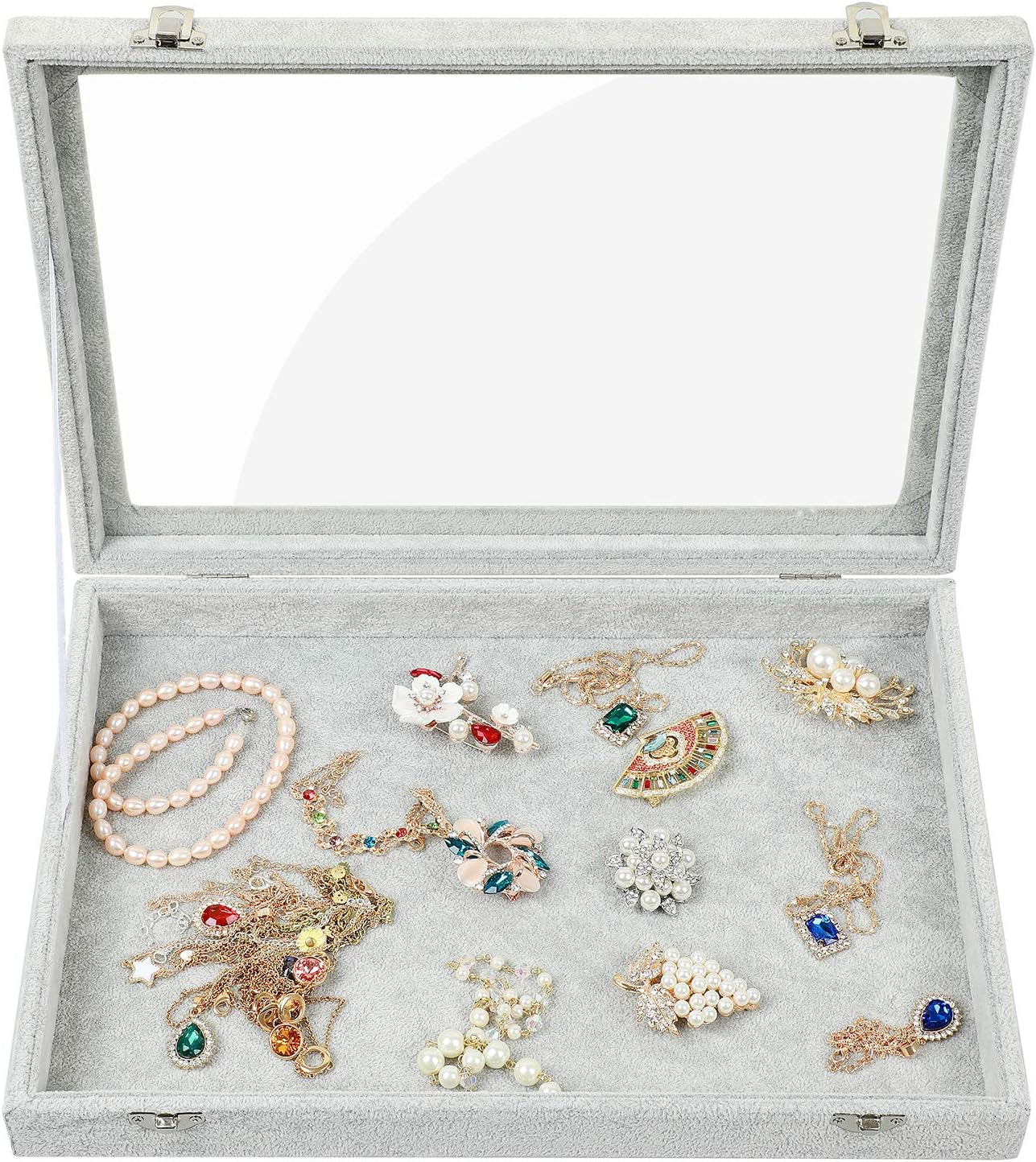 Jewelry Organizer Box, Velvet Jewelry Tray with Clear Lid Jewelry Display Case for Rings Earrings Necklace Bracelet Watch