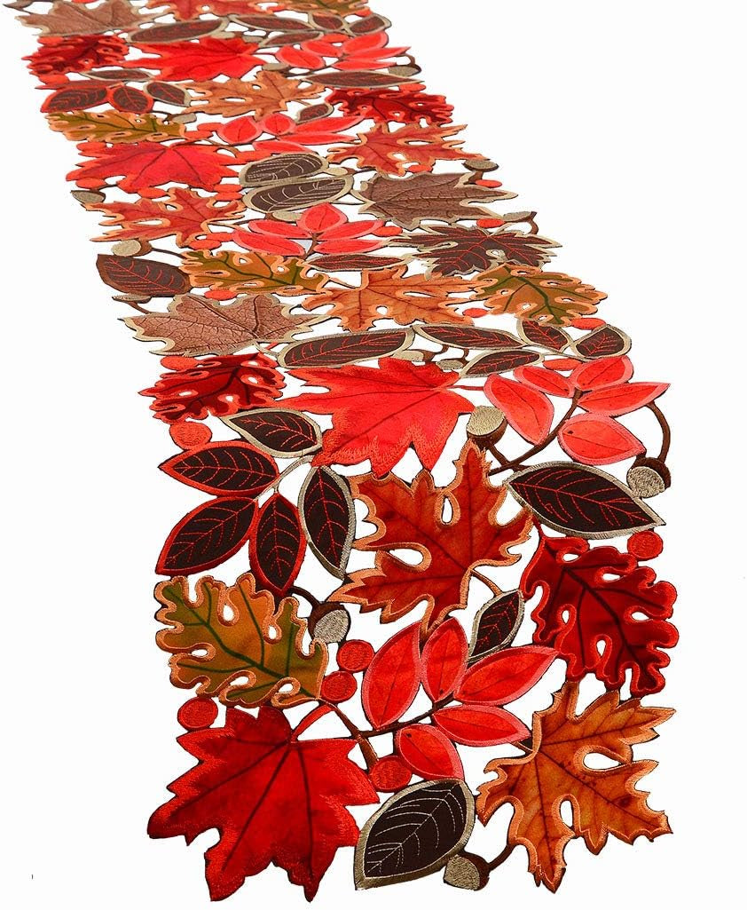 Embroidered Leaves Table Runner for Thanksgiving, Fall or Autumn Harvest Decorations, Dresser Scarf (14 Γ 53 Inches)