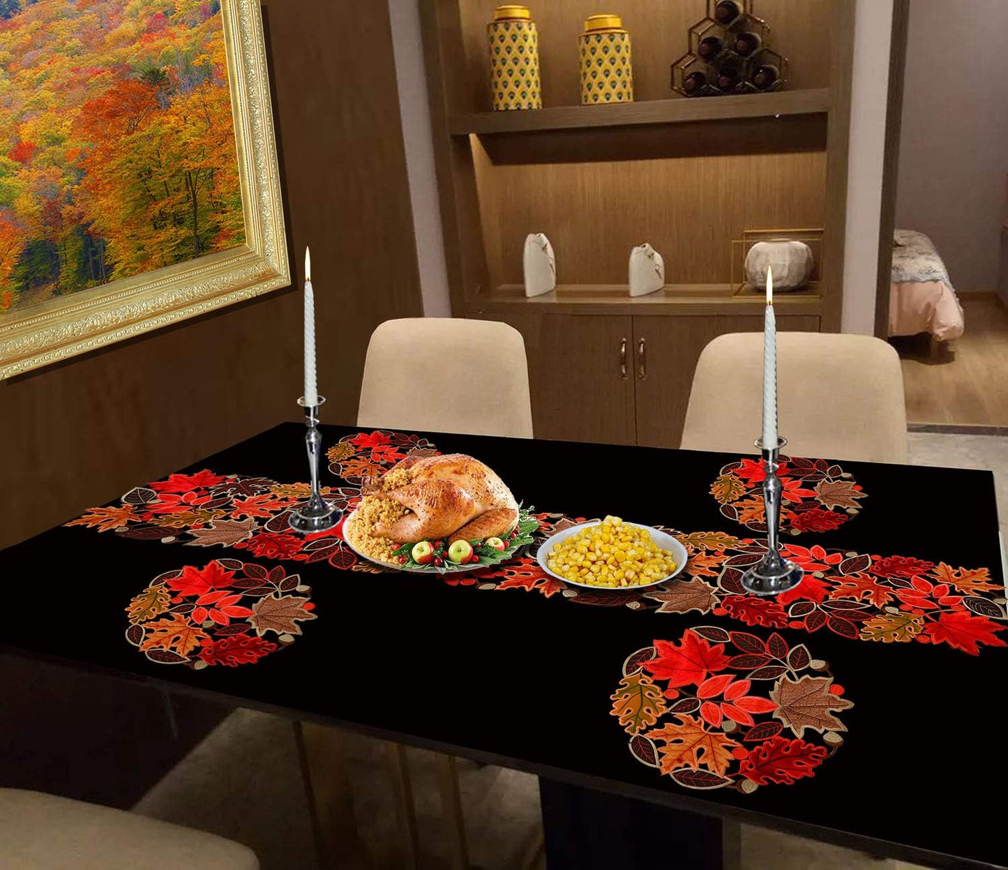 Embroidered Leaves Table Runner for Thanksgiving, Fall or Autumn Harvest Decorations, Dresser Scarf (14 Γ 53 Inches)