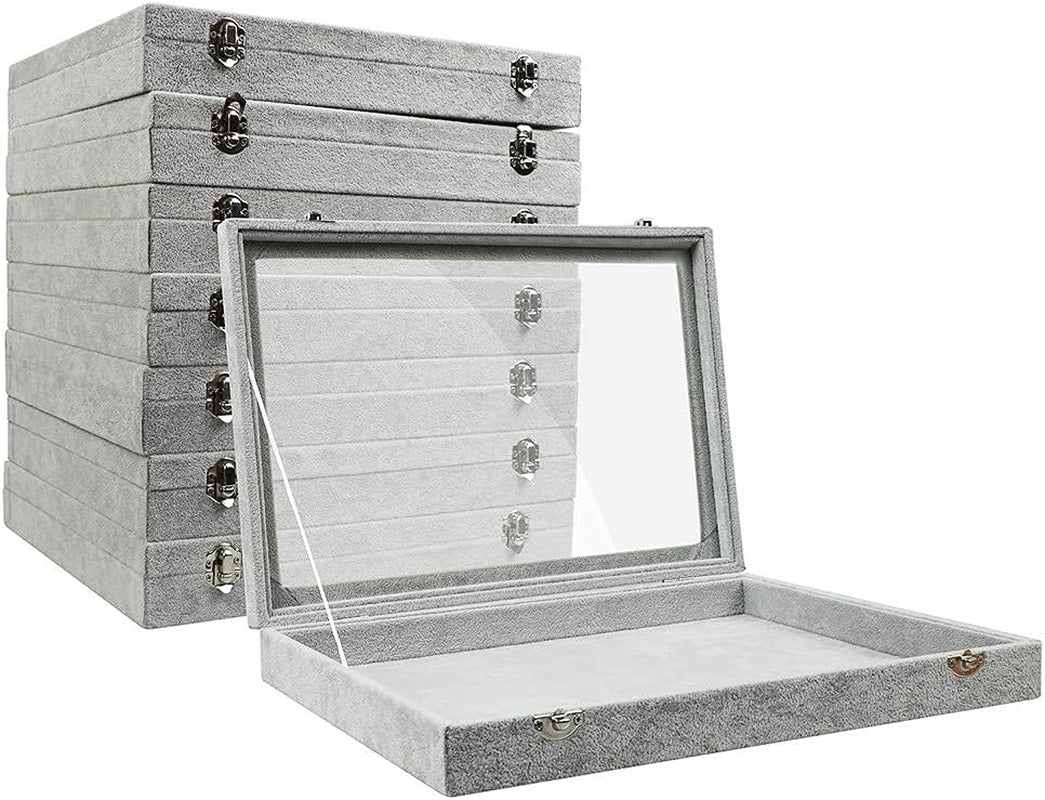 Jewelry Organizer Box, Velvet Jewelry Tray with Clear Lid Jewelry Display Case for Rings Earrings Necklace Bracelet Watch