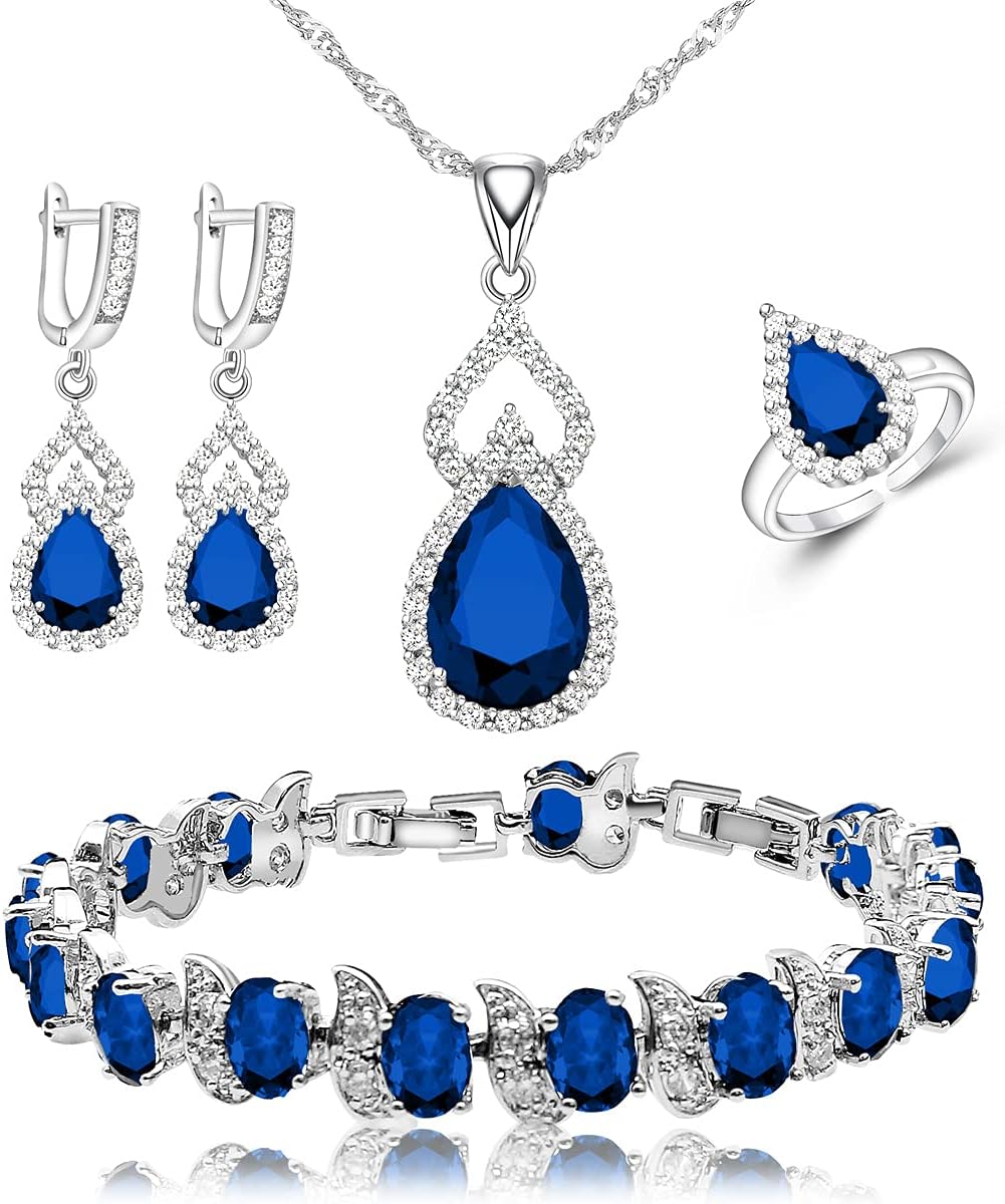 Women Jewelry Set Platinum Plated Necklace Open Ring Earrings Bracelet Set,Birthday/Anniversary Mother’S Day Jewelry Gifts for Mom/Wife/Sister/Best Friend