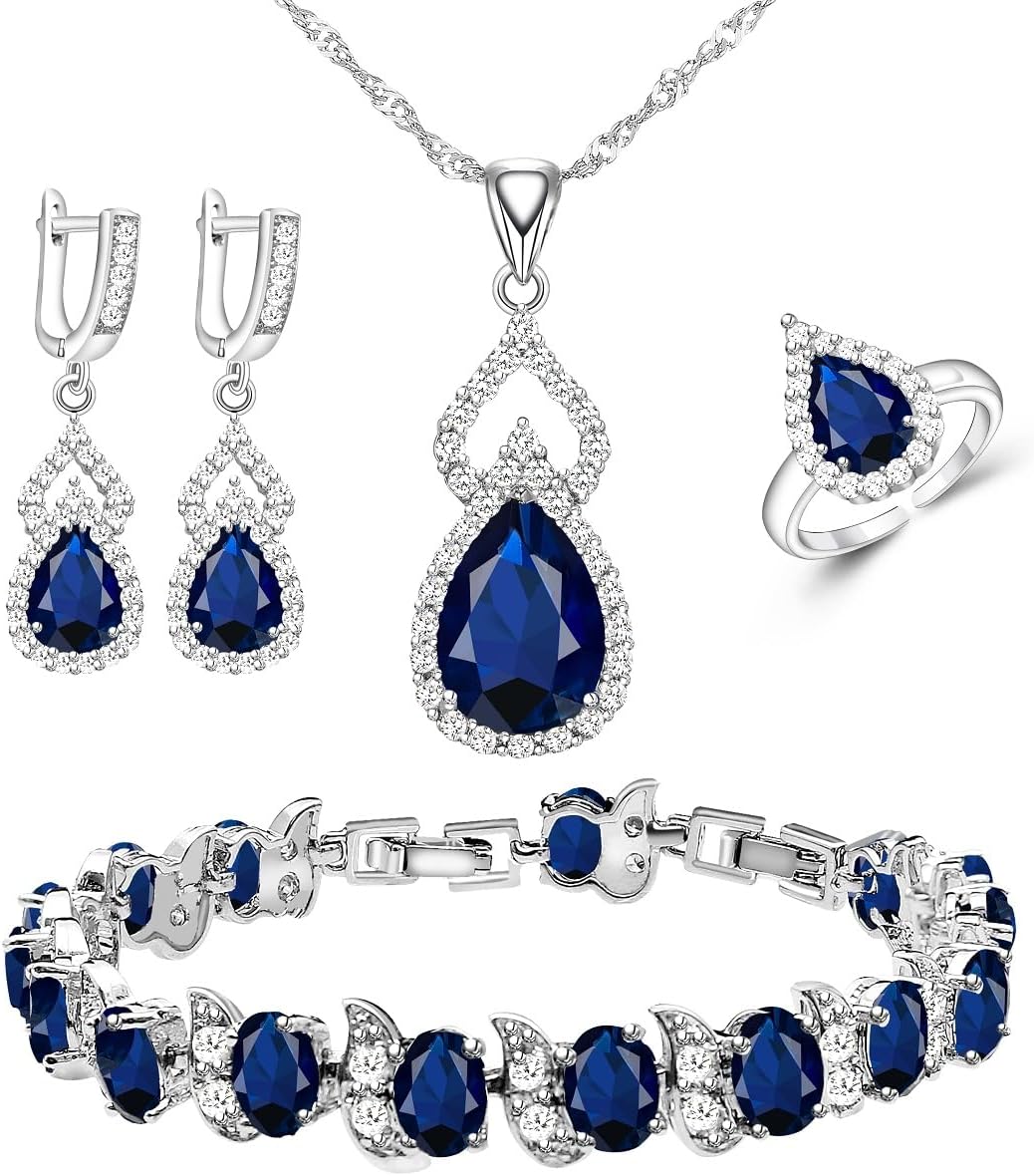 Women Jewelry Set Platinum Plated Necklace Open Ring Earrings Bracelet Set,Birthday/Anniversary Mother’S Day Jewelry Gifts for Mom/Wife/Sister/Best Friend