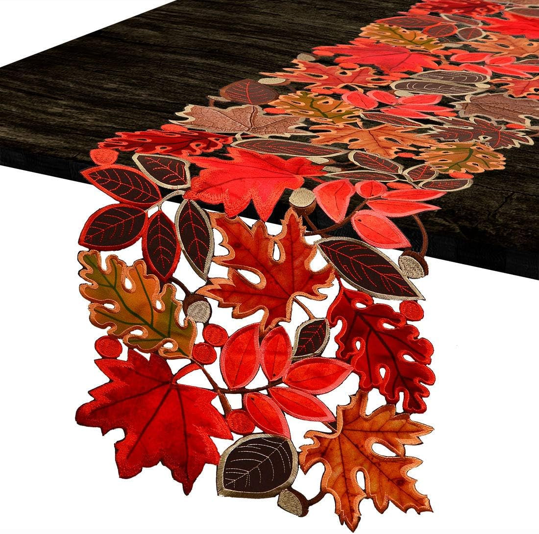 Embroidered Leaves Table Runner for Thanksgiving, Fall or Autumn Harvest Decorations, Dresser Scarf (14 Γ 53 Inches)