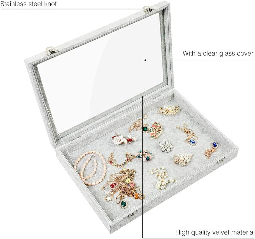 Jewelry Organizer Box, Velvet Jewelry Tray with Clear Lid Jewelry Display Case for Rings Earrings Necklace Bracelet Watch