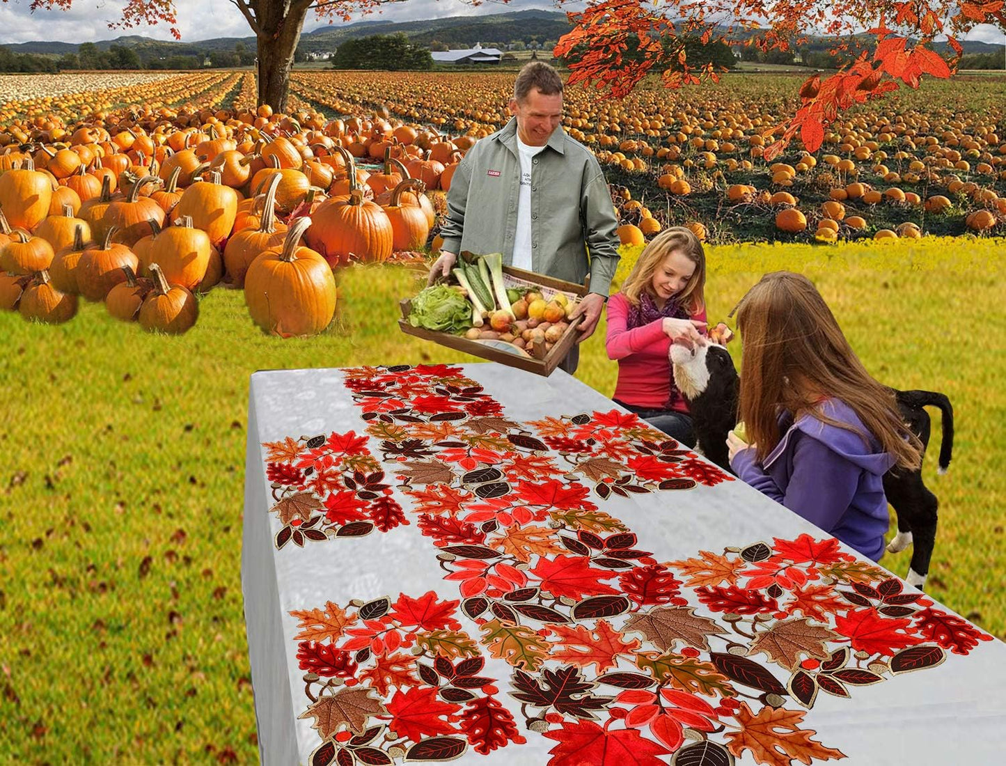 Embroidered Leaves Table Runner for Thanksgiving, Fall or Autumn Harvest Decorations, Dresser Scarf (14 Γ 53 Inches)