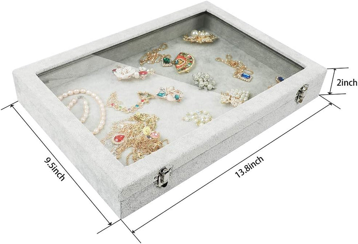 Jewelry Organizer Box, Velvet Jewelry Tray with Clear Lid Jewelry Display Case for Rings Earrings Necklace Bracelet Watch