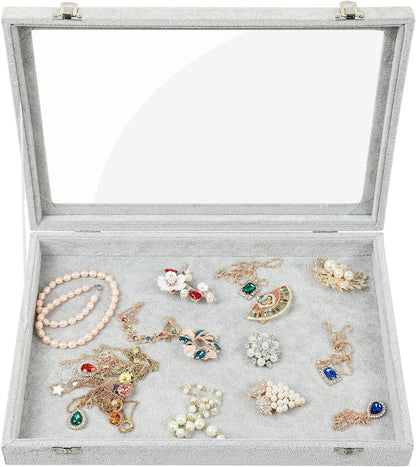 Jewelry Organizer Box, Velvet Jewelry Tray with Clear Lid Jewelry Display Case for Rings Earrings Necklace Bracelet Watch