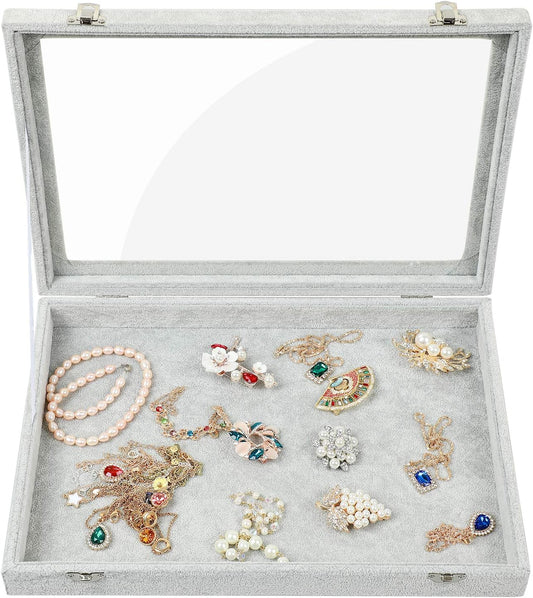 Jewelry Organizer Box, Velvet Jewelry Tray with Clear Lid Jewelry Display Case for Rings Earrings Necklace Bracelet Watch