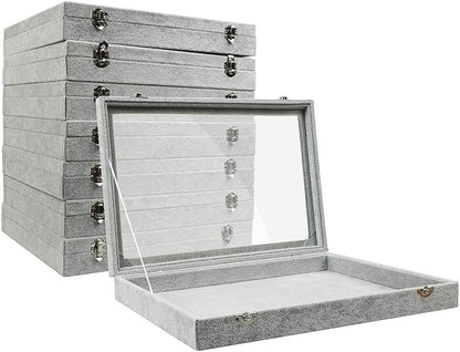 Jewelry Organizer Box, Velvet Jewelry Tray with Clear Lid Jewelry Display Case for Rings Earrings Necklace Bracelet Watch