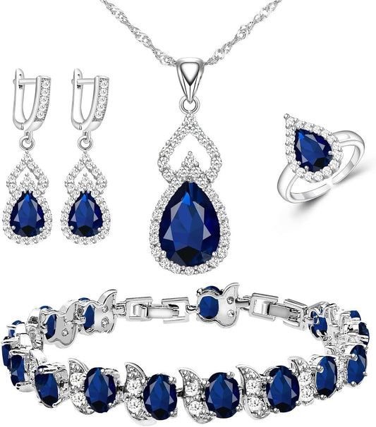 Women Jewelry Set Platinum Plated Necklace Open Ring Earrings Bracelet Set,Birthday/Anniversary Mother’S Day Jewelry Gifts for Mom/Wife/Sister/Best Friend