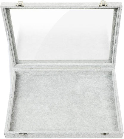 Jewelry Organizer Box, Velvet Jewelry Tray with Clear Lid Jewelry Display Case for Rings Earrings Necklace Bracelet Watch