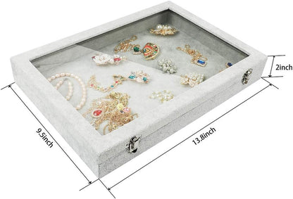 Jewelry Organizer Box, Velvet Jewelry Tray with Clear Lid Jewelry Display Case for Rings Earrings Necklace Bracelet Watch